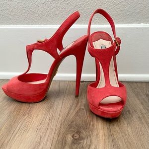 Prada Suede Platform High Heels Sandals , Coral, Size 37.5 (US 7.5)
